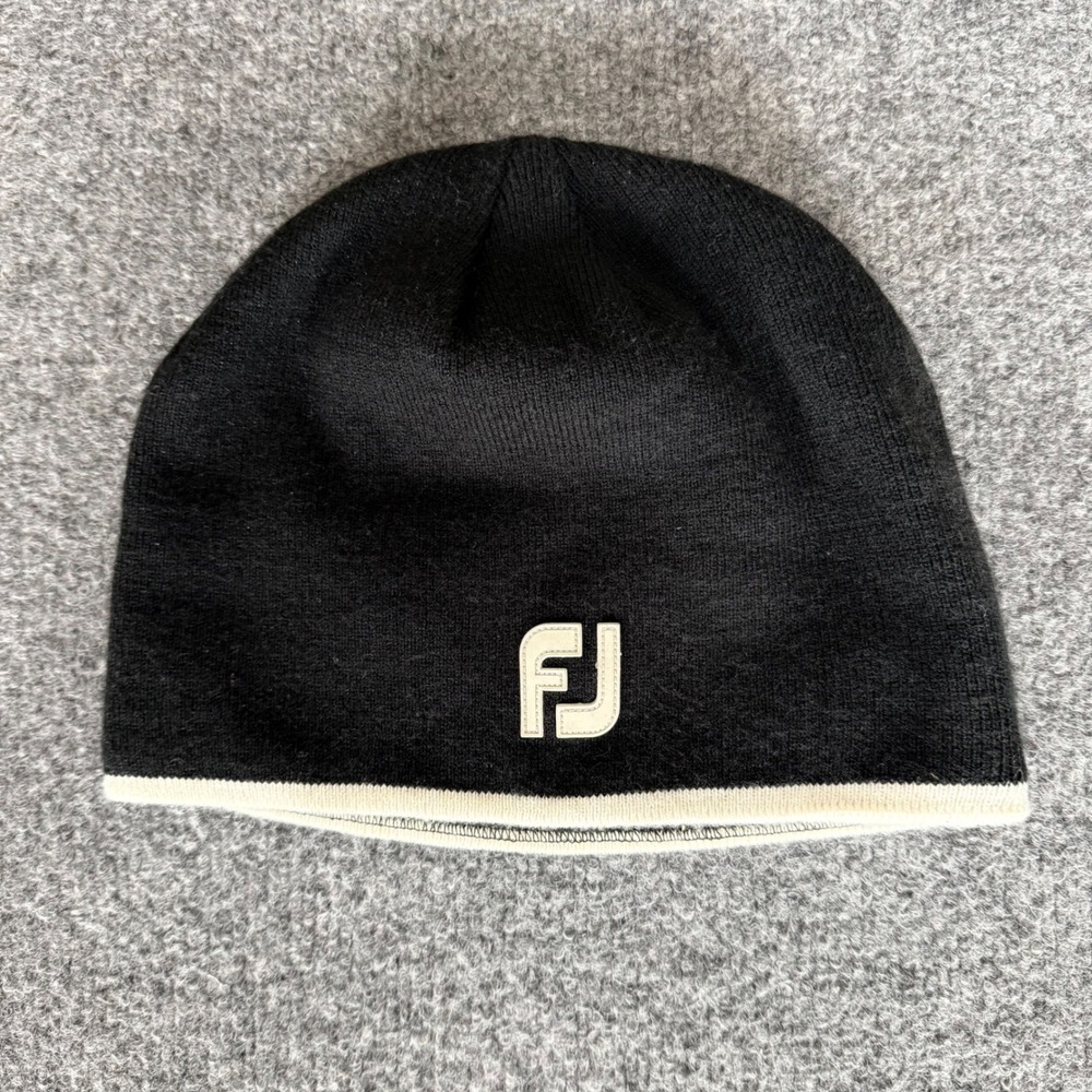 FootJoy Mens Golf Beanie Black White FJ Logo Knit Skull Cap Winter Hat Casual